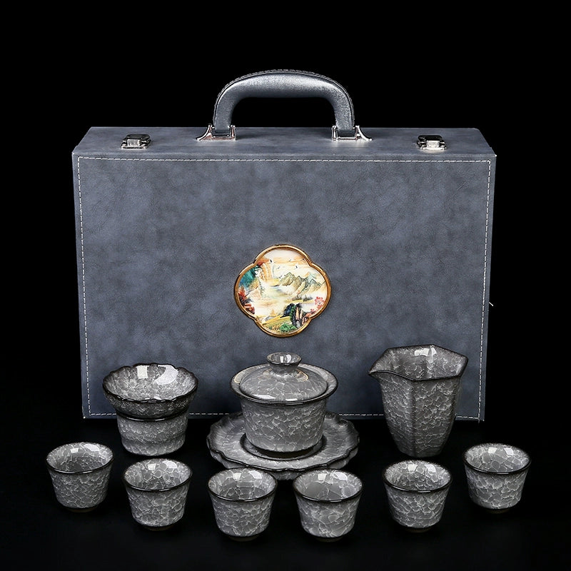 Black Ice Gongfu Tea Set - Premium Ceramic Teacups with Hovering Lid Bowl & Ice Crackle Glaze, Luxury Home & Office Tea Ceremony Accessories