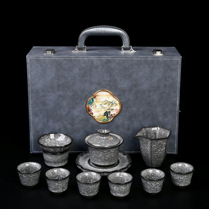Black Ice Gongfu Tea Set - Premium Ceramic Teacups with Hovering Lid Bowl & Ice Crackle Glaze, Luxury Home & Office Tea Ceremony Accessories