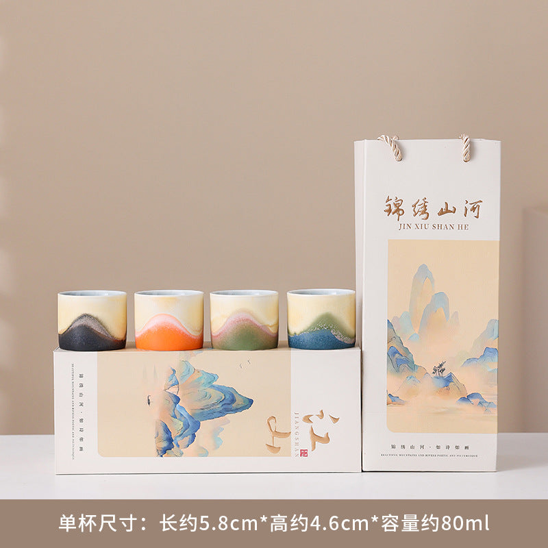四季风景陶瓷茶具礼盒 - 传统中国手绘茶杯，适合家庭、办公室或节日文化礼品