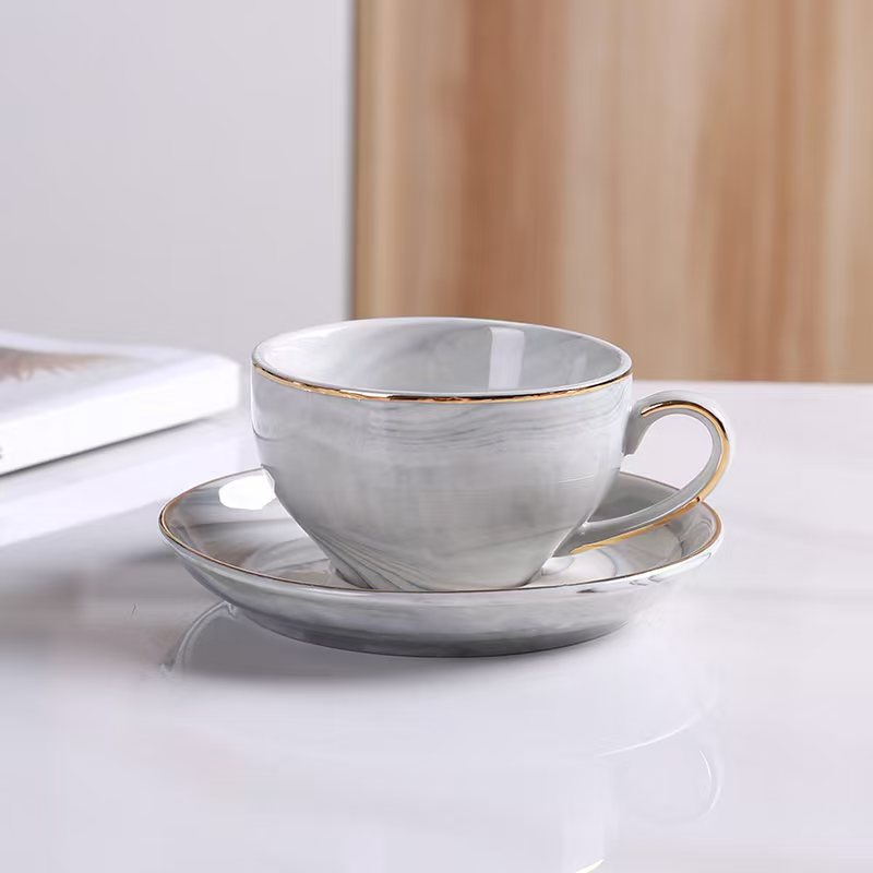 Elegant Pink Marble Ceramic Coffee Cups and Saucers Set with Gold-Tone Stand - Ideal for Tea and Coffee