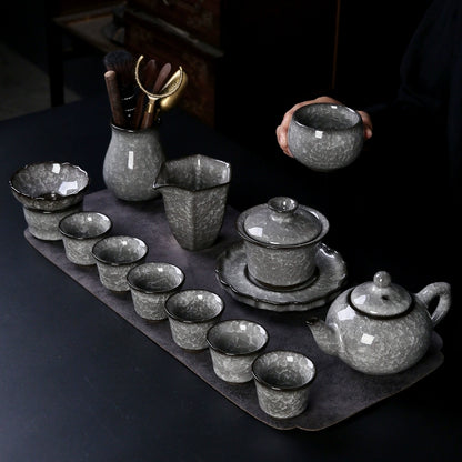 Black Ice Gongfu Tea Set - Premium Ceramic Teacups with Hovering Lid Bowl & Ice Crackle Glaze, Luxury Home & Office Tea Ceremony Accessories