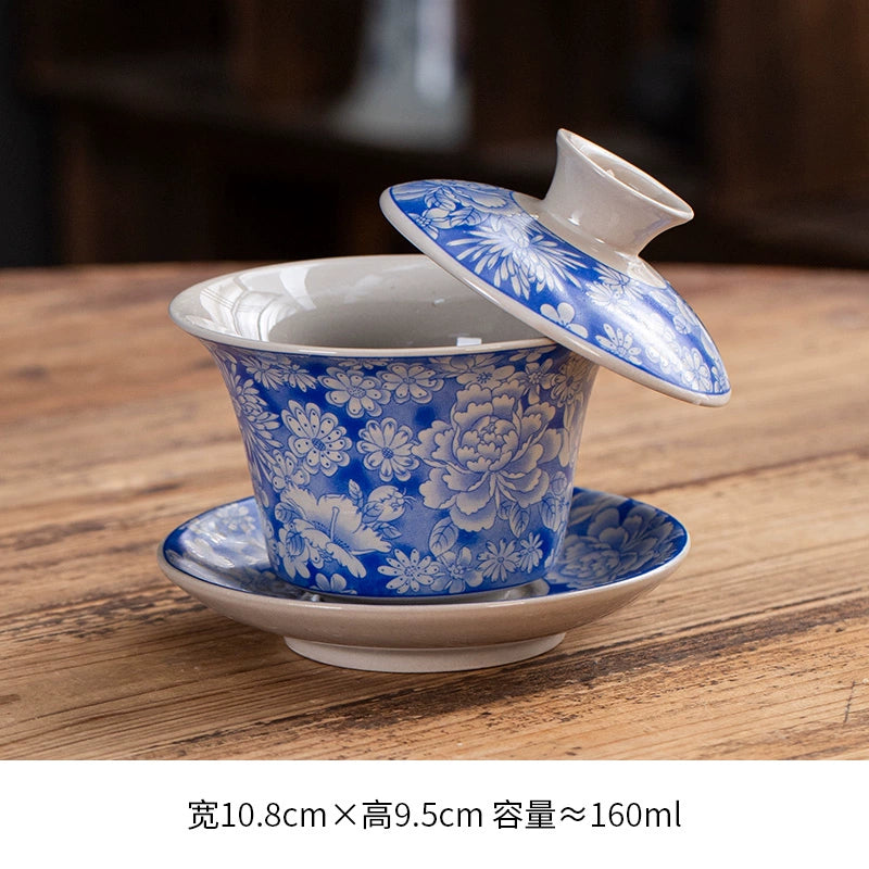 Extra-Large Sancai Lidded Tea Bowl - Ceramic Gongfu Tea Set with Dehua Blue-and-White Porcelain Design, White Porcelain Covered Cup for Brewing and Serving