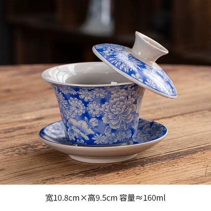 Extra-Large Sancai Lidded Tea Bowl - Ceramic Gongfu Tea Set with Dehua Blue-and-White Porcelain Design, White Porcelain Covered Cup for Brewing and Serving