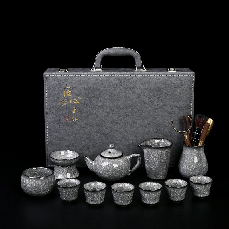 Black Ice Gongfu Tea Set - Premium Ceramic Teacups with Hovering Lid Bowl & Ice Crackle Glaze, Luxury Home & Office Tea Ceremony Accessories