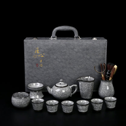 Black Ice Gongfu Tea Set - Premium Ceramic Teacups with Hovering Lid Bowl & Ice Crackle Glaze, Luxury Home & Office Tea Ceremony Accessories