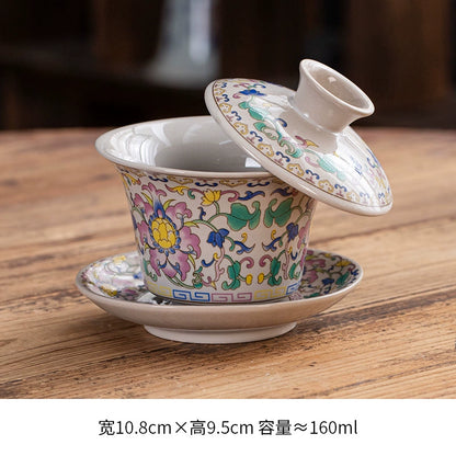 Extra-Large Sancai Lidded Tea Bowl - Ceramic Gongfu Tea Set with Dehua Blue-and-White Porcelain Design, White Porcelain Covered Cup for Brewing and Serving