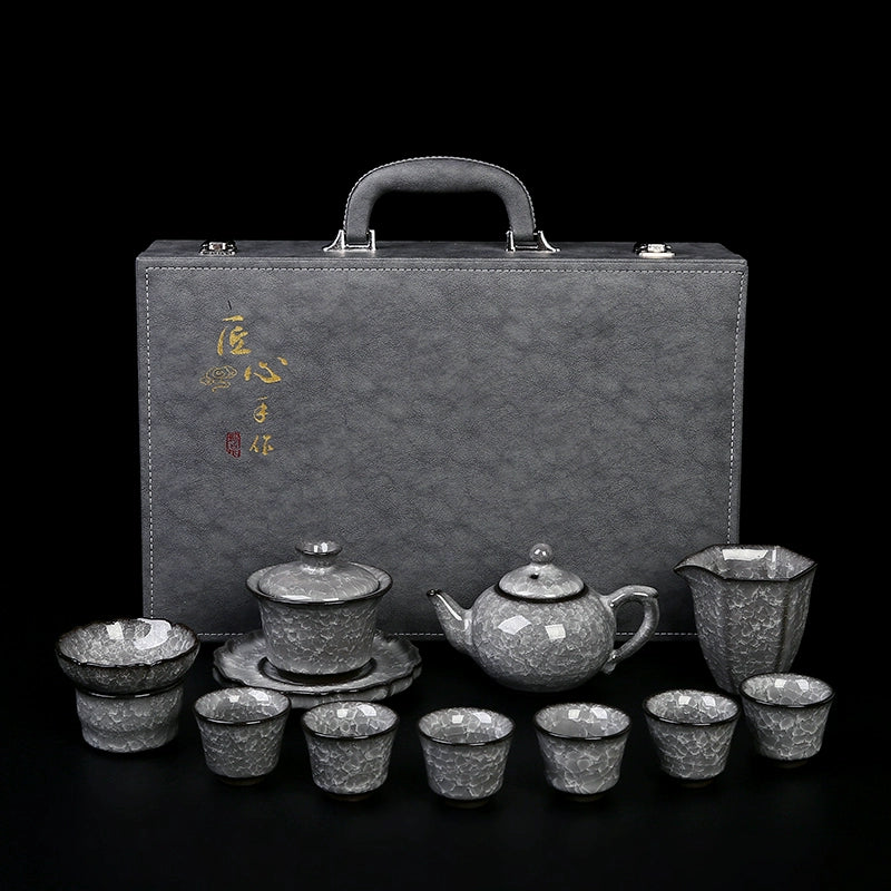 Black Ice Gongfu Tea Set - Premium Ceramic Teacups with Hovering Lid Bowl & Ice Crackle Glaze, Luxury Home & Office Tea Ceremony Accessories