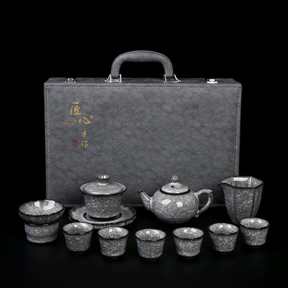 Black Ice Gongfu Tea Set - Premium Ceramic Teacups with Hovering Lid Bowl & Ice Crackle Glaze, Luxury Home & Office Tea Ceremony Accessories