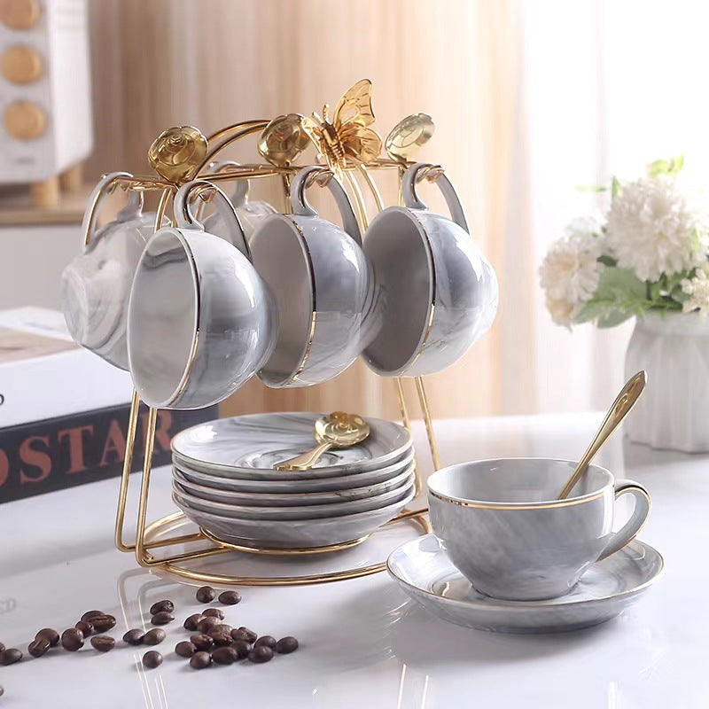 Elegant Pink Marble Ceramic Coffee Cups and Saucers Set with Gold-Tone Stand - Ideal for Tea and Coffee