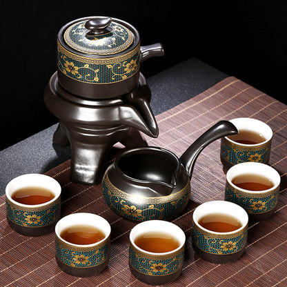 Effortless Tea Set with Heat-Resistant Teapot - Semi-Automatic Ceramic Gongfu Teacups & Stone-Mill Design for Home Brewing, Anti-Scald Tea Maker Kit