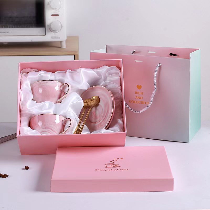 Elegant Pink Marble Ceramic Coffee Cups and Saucers Set with Gold-Tone Stand - Ideal for Tea and Coffee