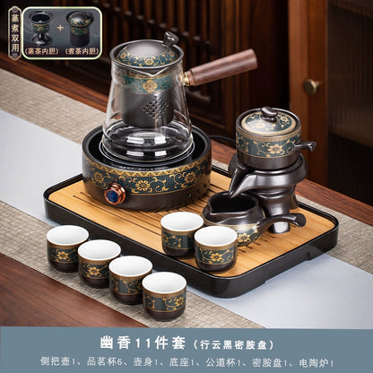 Effortless Tea Set with Heat-Resistant Teapot - Semi-Automatic Ceramic Gongfu Teacups & Stone-Mill Design for Home Brewing, Anti-Scald Tea Maker Kit