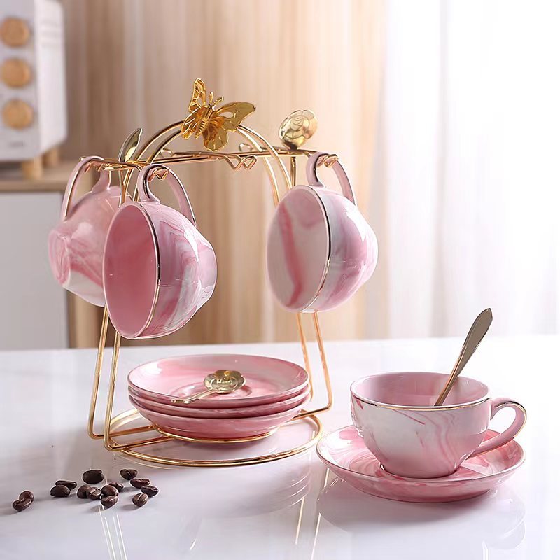 Elegant Pink Marble Ceramic Coffee Cups and Saucers Set with Gold-Tone Stand - Ideal for Tea and Coffee