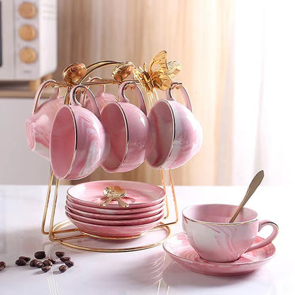 Elegant Pink Marble Ceramic Coffee Cups and Saucers Set with Gold-Tone Stand - Ideal for Tea and Coffee