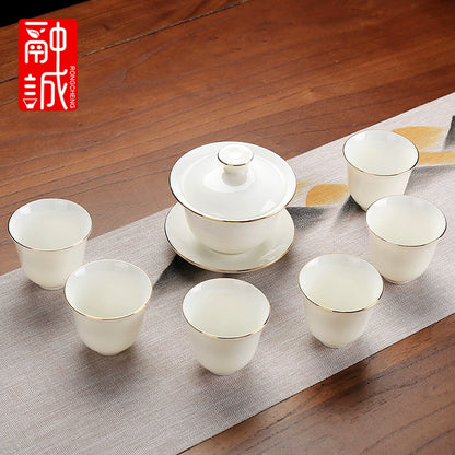 优质德化瓷茶具 - 玉釉陶瓷茶壶配紧凑茶杯，优雅白色陶瓷茶具，适用于家庭、办公室或客厅使用