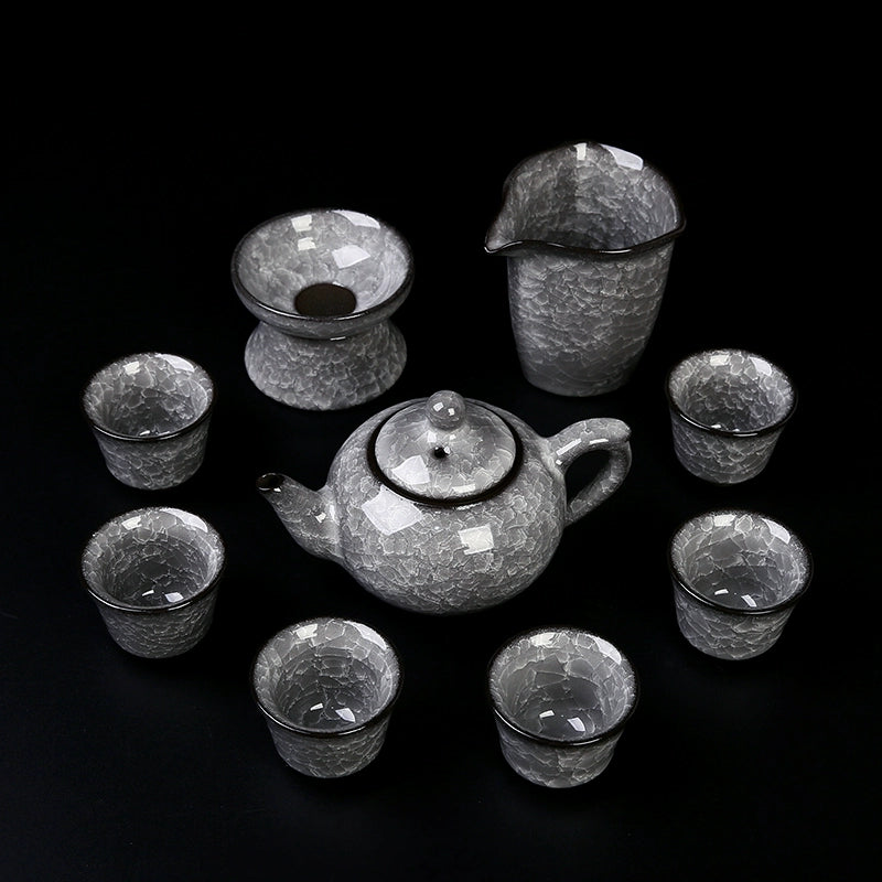 Black Ice Gongfu Tea Set - Premium Ceramic Teacups with Hovering Lid Bowl & Ice Crackle Glaze, Luxury Home & Office Tea Ceremony Accessories