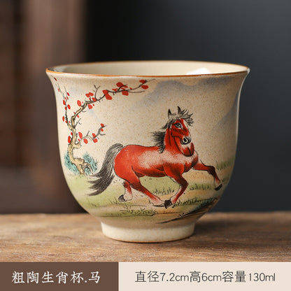中国生肖陶瓷茶具 - 12件手绘动物茶杯与功夫茶，复古风格收藏茶具，适合家庭冲泡和亚洲文化爱好者
