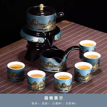 Effortless Tea Set with Heat-Resistant Teapot - Semi-Automatic Ceramic Gongfu Teacups & Stone-Mill Design for Home Brewing, Anti-Scald Tea Maker Kit