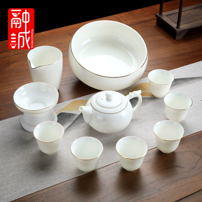 优质德化瓷茶具 - 玉釉陶瓷茶壶配紧凑茶杯，优雅白色陶瓷茶具，适用于家庭、办公室或客厅使用