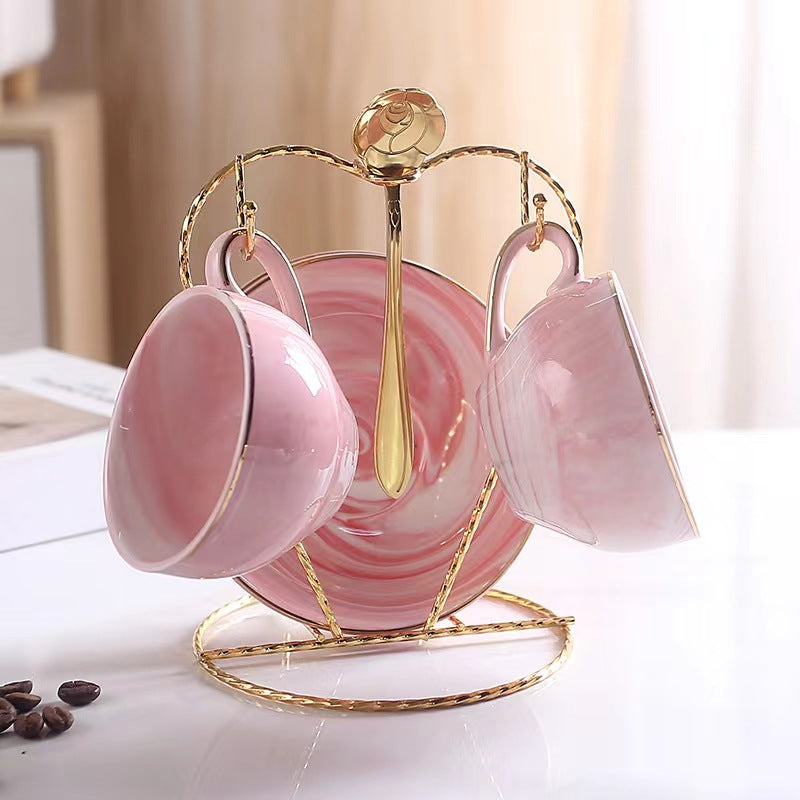 Elegant Pink Marble Ceramic Coffee Cups and Saucers Set with Gold-Tone Stand - Ideal for Tea and Coffee