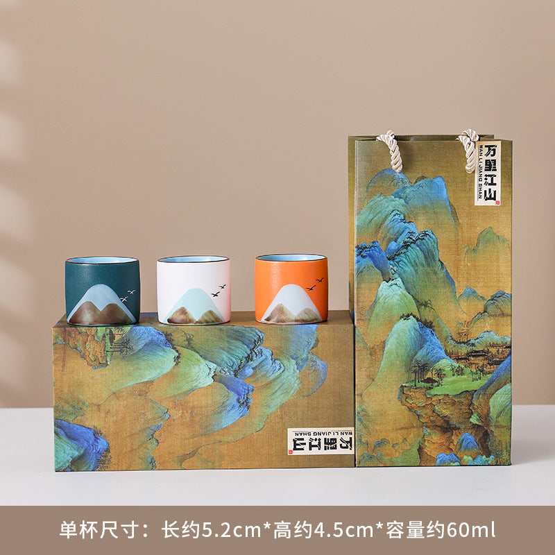 四季风景陶瓷茶具礼盒 - 传统中国手绘茶杯，适合家庭、办公室或节日文化礼品