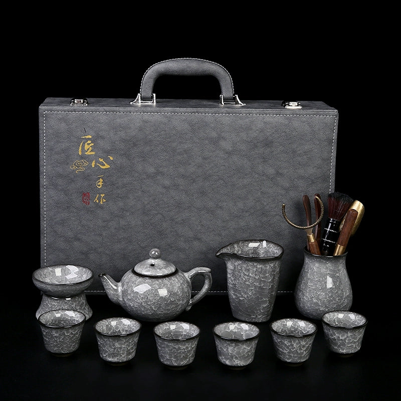 Black Ice Gongfu Tea Set - Premium Ceramic Teacups with Hovering Lid Bowl & Ice Crackle Glaze, Luxury Home & Office Tea Ceremony Accessories