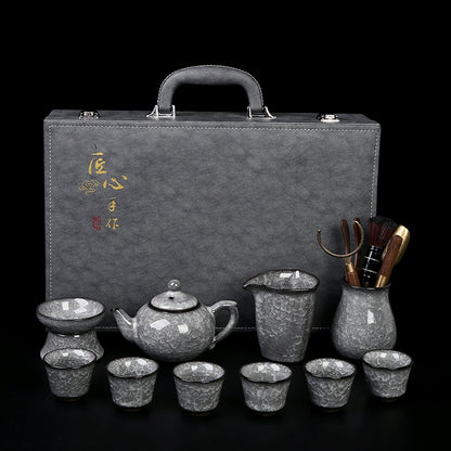 Black Ice Gongfu Tea Set - Premium Ceramic Teacups with Hovering Lid Bowl & Ice Crackle Glaze, Luxury Home & Office Tea Ceremony Accessories