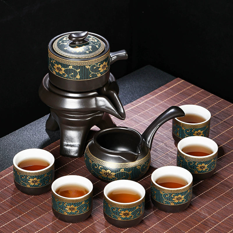 Effortless Tea Set with Heat-Resistant Teapot - Semi-Automatic Ceramic Gongfu Teacups & Stone-Mill Design for Home Brewing, Anti-Scald Tea Maker Kit