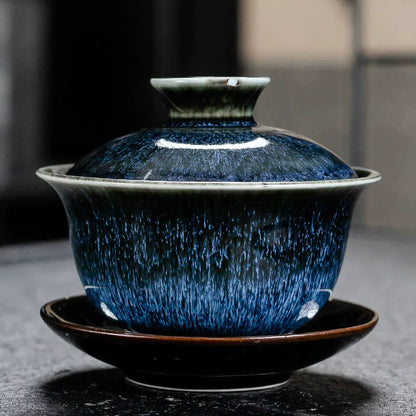 Extra-Large Sancai Lidded Tea Bowl - Ceramic Gongfu Tea Set with Dehua Blue-and-White Porcelain Design, White Porcelain Covered Cup for Brewing and Serving
