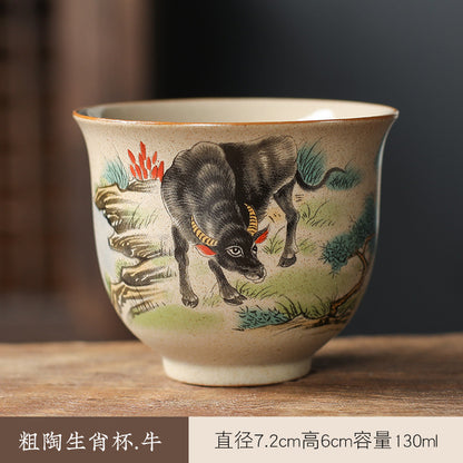 中国生肖陶瓷茶具 - 12件手绘动物茶杯与功夫茶，复古风格收藏茶具，适合家庭冲泡和亚洲文化爱好者