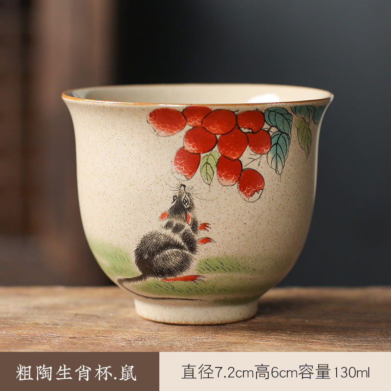 中国生肖陶瓷茶具 - 12件手绘动物茶杯与功夫茶，复古风格收藏茶具，适合家庭冲泡和亚洲文化爱好者
