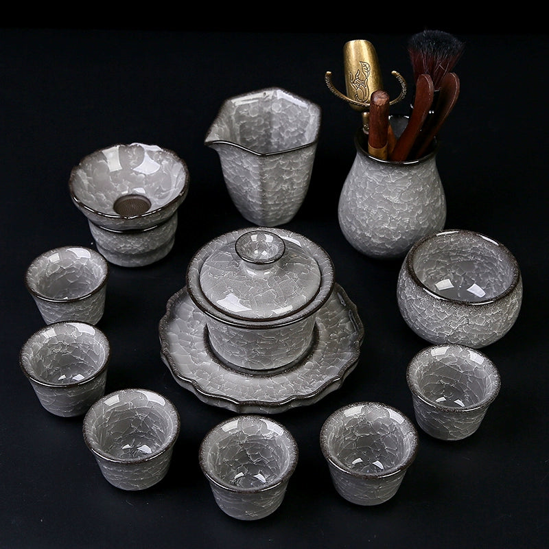 Black Ice Gongfu Tea Set - Premium Ceramic Teacups with Hovering Lid Bowl & Ice Crackle Glaze, Luxury Home & Office Tea Ceremony Accessories