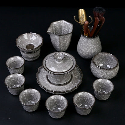 Black Ice Gongfu Tea Set - Premium Ceramic Teacups with Hovering Lid Bowl & Ice Crackle Glaze, Luxury Home & Office Tea Ceremony Accessories