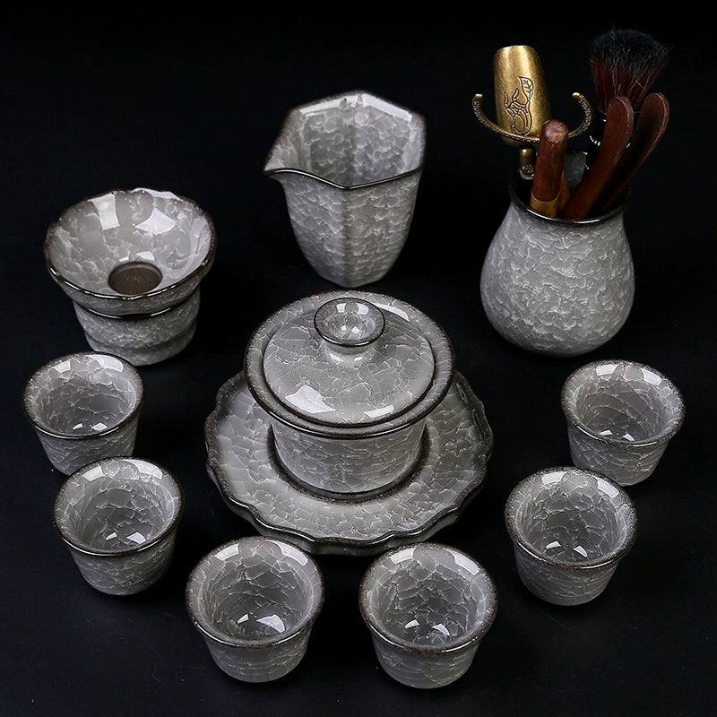 Black Ice Gongfu Tea Set - Premium Ceramic Teacups with Hovering Lid Bowl & Ice Crackle Glaze, Luxury Home & Office Tea Ceremony Accessories