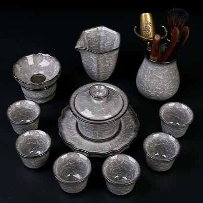 Black Ice Gongfu Tea Set - Premium Ceramic Teacups with Hovering Lid Bowl & Ice Crackle Glaze, Luxury Home & Office Tea Ceremony Accessories
