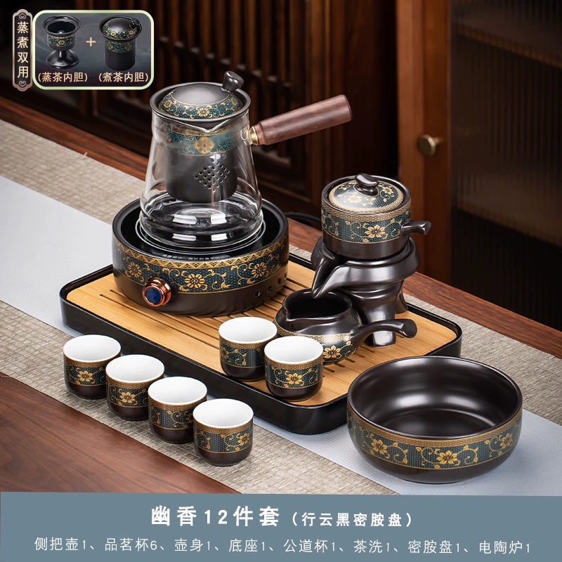Effortless Tea Set with Heat-Resistant Teapot - Semi-Automatic Ceramic Gongfu Teacups & Stone-Mill Design for Home Brewing, Anti-Scald Tea Maker Kit