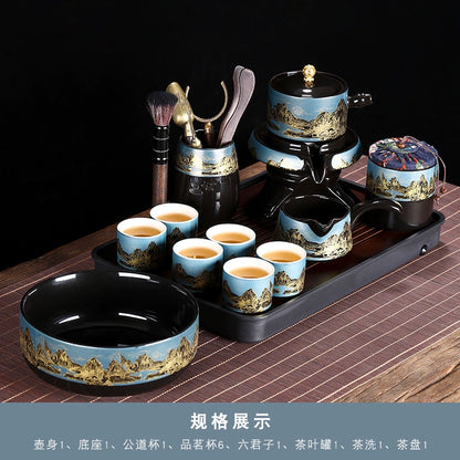 Effortless Tea Set with Heat-Resistant Teapot - Semi-Automatic Ceramic Gongfu Teacups & Stone-Mill Design for Home Brewing, Anti-Scald Tea Maker Kit