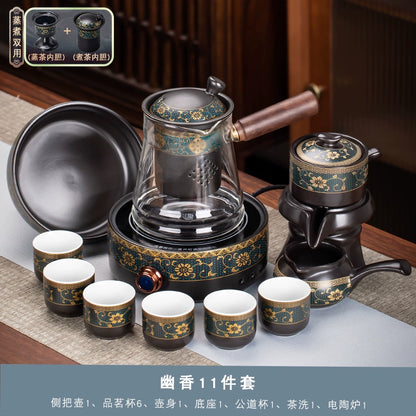 Effortless Tea Set with Heat-Resistant Teapot - Semi-Automatic Ceramic Gongfu Teacups & Stone-Mill Design for Home Brewing, Anti-Scald Tea Maker Kit
