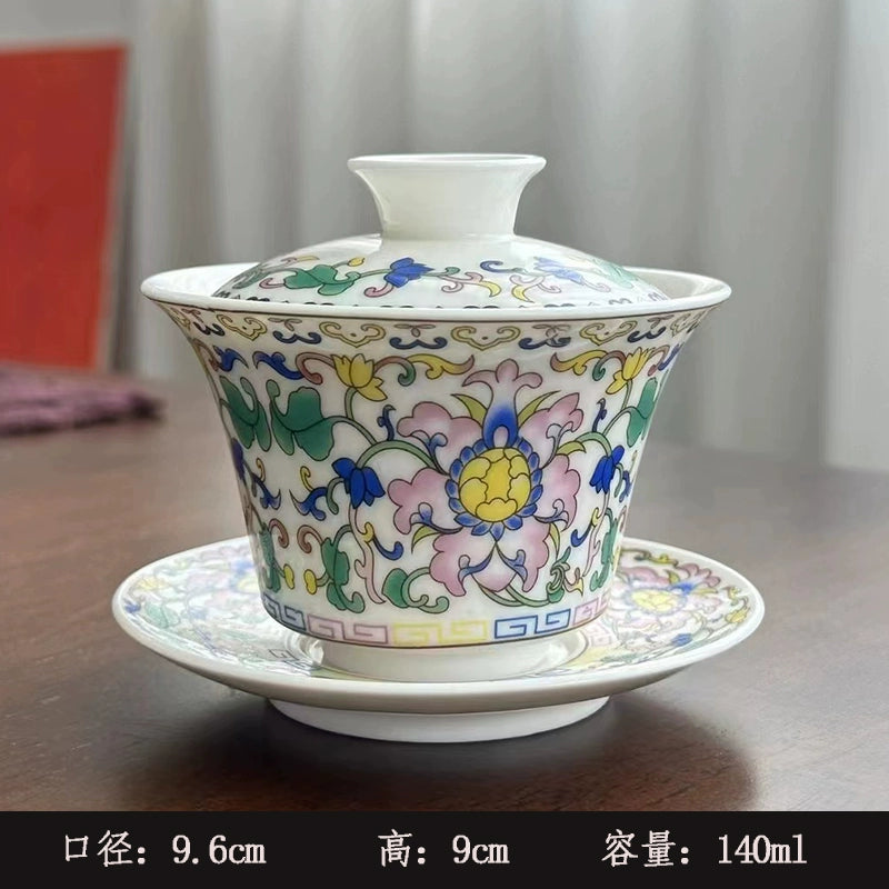 Extra-Large Sancai Lidded Tea Bowl - Ceramic Gongfu Tea Set with Dehua Blue-and-White Porcelain Design, White Porcelain Covered Cup for Brewing and Serving