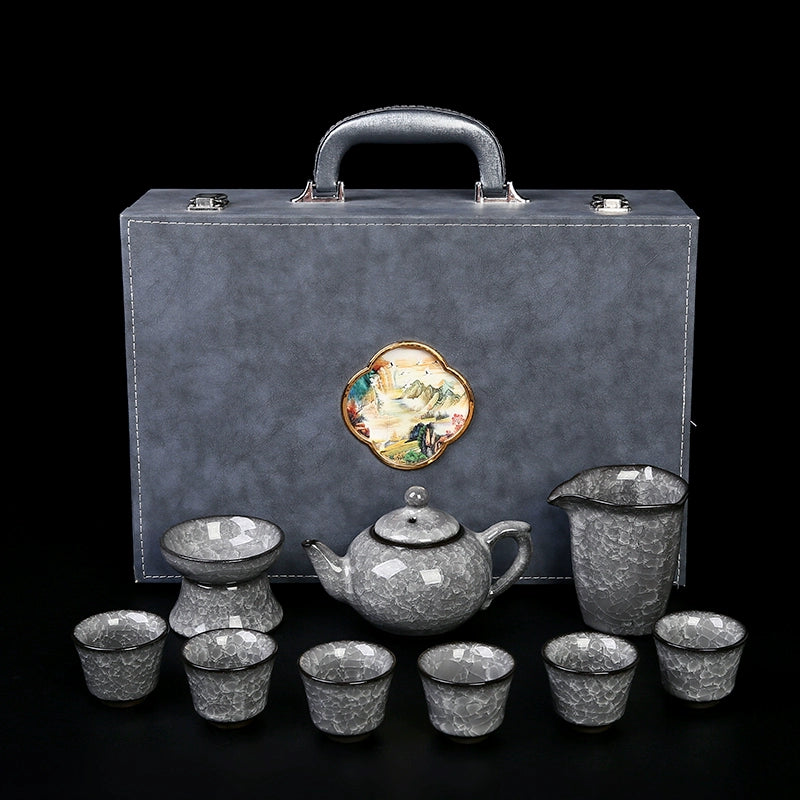 Black Ice Gongfu Tea Set - Premium Ceramic Teacups with Hovering Lid Bowl & Ice Crackle Glaze, Luxury Home & Office Tea Ceremony Accessories