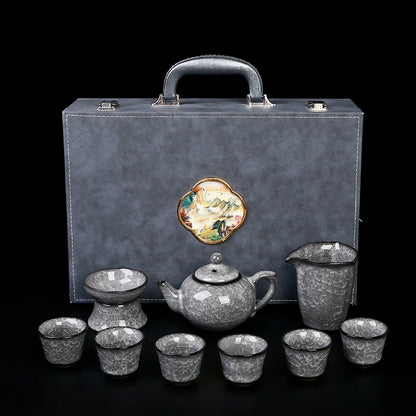 Black Ice Gongfu Tea Set - Premium Ceramic Teacups with Hovering Lid Bowl & Ice Crackle Glaze, Luxury Home & Office Tea Ceremony Accessories