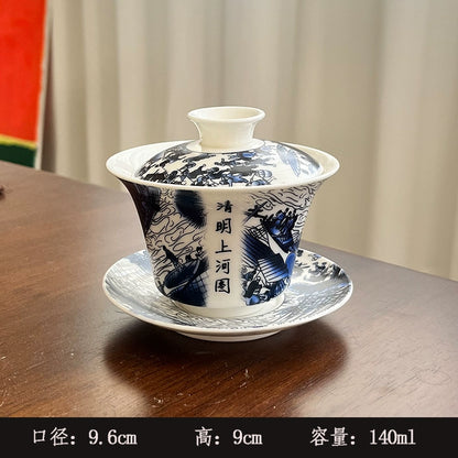 Extra-Large Sancai Lidded Tea Bowl - Ceramic Gongfu Tea Set with Dehua Blue-and-White Porcelain Design, White Porcelain Covered Cup for Brewing and Serving