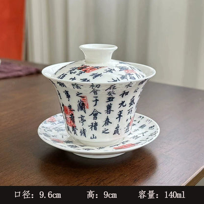 Extra-Large Sancai Lidded Tea Bowl - Ceramic Gongfu Tea Set with Dehua Blue-and-White Porcelain Design, White Porcelain Covered Cup for Brewing and Serving