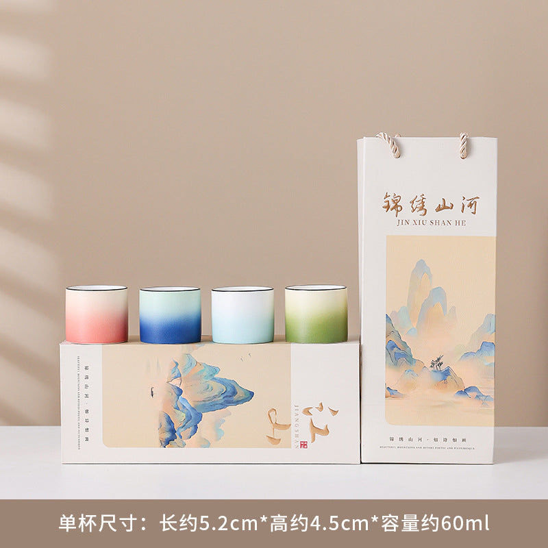 四季风景陶瓷茶具礼盒 - 传统中国手绘茶杯，适合家庭、办公室或节日文化礼品