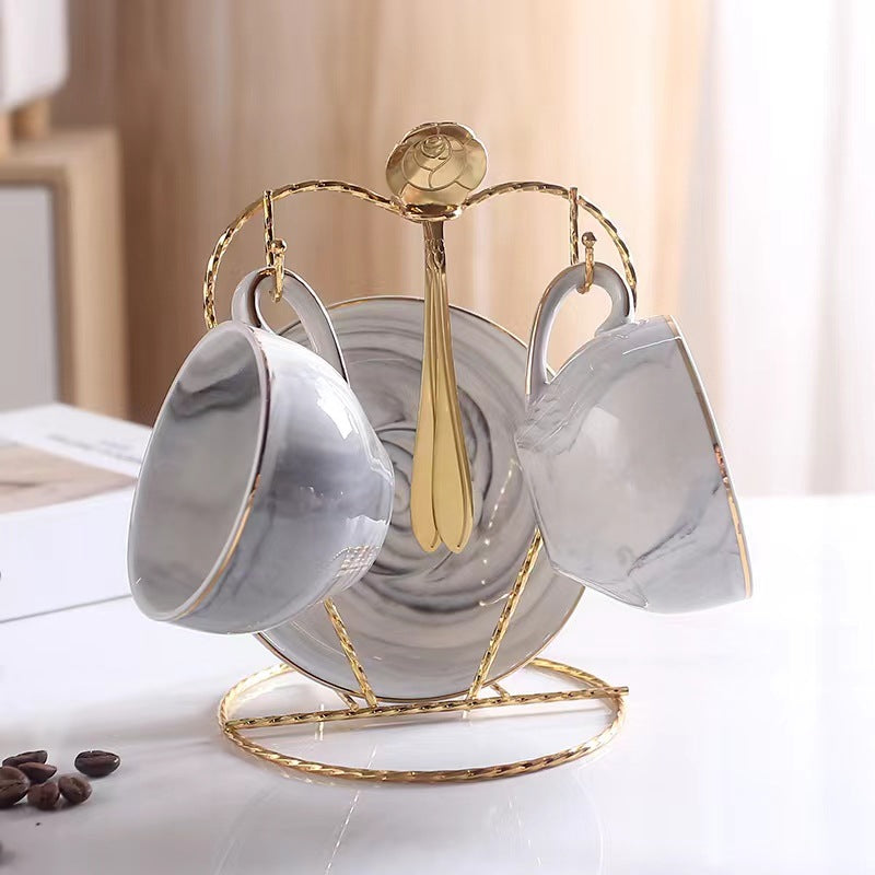 Elegant Pink Marble Ceramic Coffee Cups and Saucers Set with Gold-Tone Stand - Ideal for Tea and Coffee
