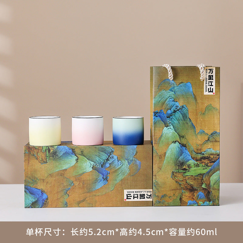 四季风景陶瓷茶具礼盒 - 传统中国手绘茶杯，适合家庭、办公室或节日文化礼品