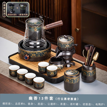 Effortless Tea Set with Heat-Resistant Teapot - Semi-Automatic Ceramic Gongfu Teacups & Stone-Mill Design for Home Brewing, Anti-Scald Tea Maker Kit