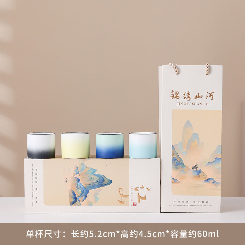 四季风景陶瓷茶具礼盒 - 传统中国手绘茶杯，适合家庭、办公室或节日文化礼品