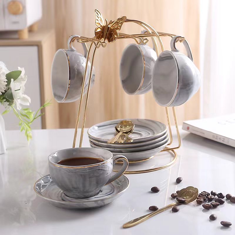 Elegant Pink Marble Ceramic Coffee Cups and Saucers Set with Gold-Tone Stand - Ideal for Tea and Coffee