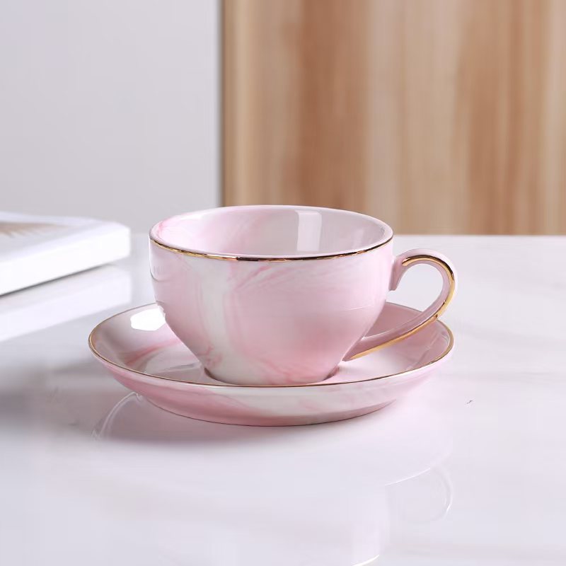 Elegant Pink Marble Ceramic Coffee Cups and Saucers Set with Gold-Tone Stand - Ideal for Tea and Coffee